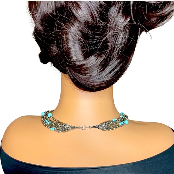 6 Strand Turquoise Bead and Silver Chain Necklace - Picture 2 of 2